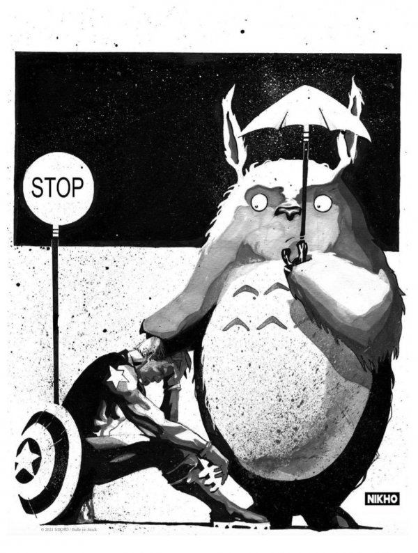Visuel AFFICHE LUXE - NB - HOMMAGE TOTORO CAPTAIN AMERICA