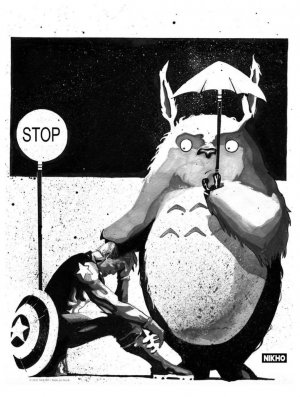 AFFICHE LUXE - NB - HOMMAGE TOTORO CAPTAIN AMERICA